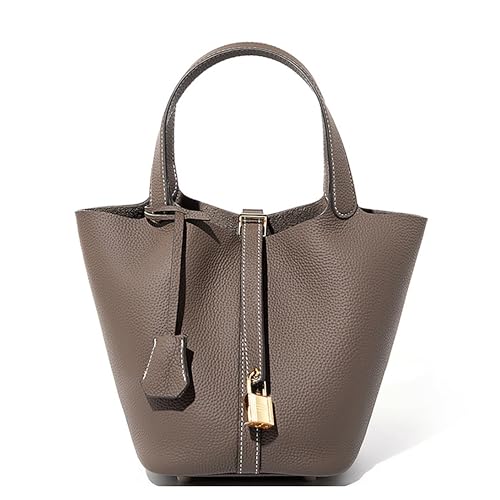 Genuine Leather Bucket Bag with Gold Lock Closure – Handbag Featuring Combinable Lining Bag for Ultimate Organization