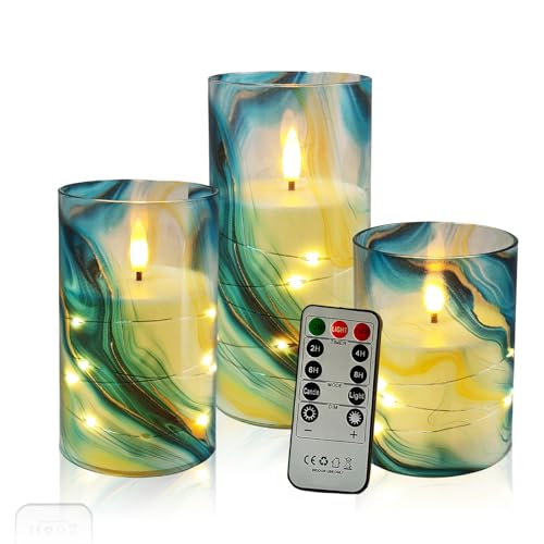 Image of Flickering Flameless Candles Blue Water Ripple Print, Embedded Star String Lights, Battery Operated Acrylic LED Pillar Candles with 11-Key Remote and Timer for Home Decoration, 3 Pack