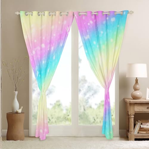 Homemissing Rainbow 30%-50% Blackout Curtains Tie Dye Pastel Window Curtains Stars Glitter Darkening Drapes for Bedroom for Kids Colorful Stripes Bedspread C Room Decor (2 Panels,W46*L54) - Image 4