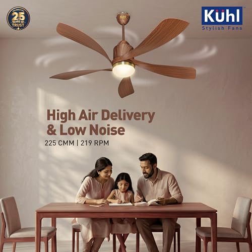 Image of KUHL Luxus Twist 1320mm Stylish 65% Power Saving BLDC Ceiling Fan With Remote |Down Light|BEE 5 Rated & ISI Marked|Low Noise| IoT -Operate via Mobile & Alexa |Reverse Mode |Free Installation |Teak