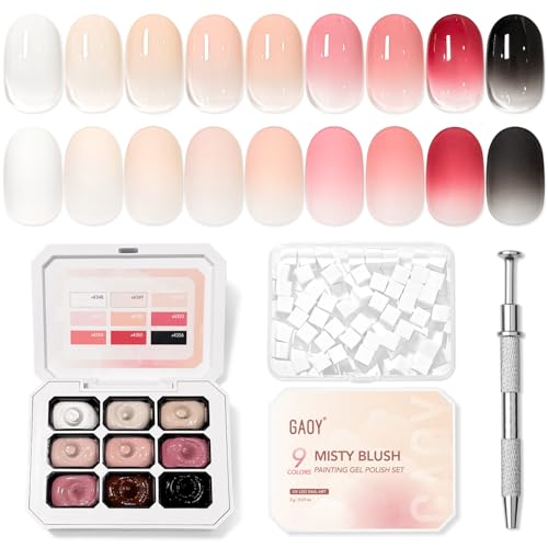 GAOY Ombre Painting Gel Kit 9 Colors Gradient Patting Gel Polish with Sponges and Grabber Tool for Ombre Nails Aura Blush Blend Nail Art Home & Salon Use Pigmented No Wipe Misty Blush
