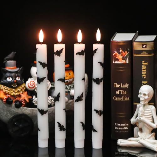 Image of Halloween Flameless Taper Candles Battery Operated with Remote and Timer, Real Wax 3D Wick Flickering LED Taper Candle Bats Decals Dinner Table Halloween Decor(4 Pack, 0.78 inchD x 9.64 inchH)