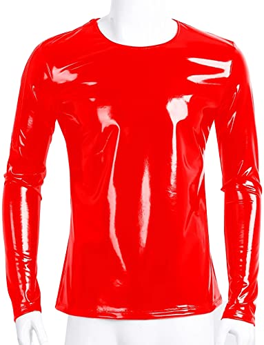 Image of AIEOE Men's Leather Metallic Shirts Shiny Slim Fit Stretch Top Wetlook Club Party Undershirts