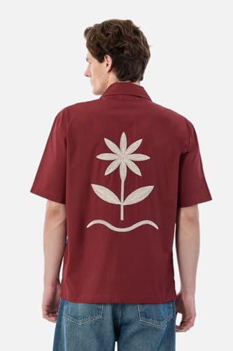 Image of SNITCH Men Casual Shirt | Box Fit Cuban Collar Short Sleeve Floral Embroidered Design | 100% Cotton Breathable Fabric for Summer & Vacation Outings | Burgundy