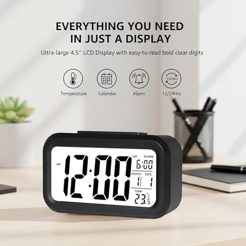 Image of REACHER Digital Alarm Clock for Heavy Sleepers, Digital Clock Table Clock for Study Table, Students,Office | Alarm Clock for Bedroom with Loud Sound, Automatic Sensor,Date & Temperature (Black,Medium)