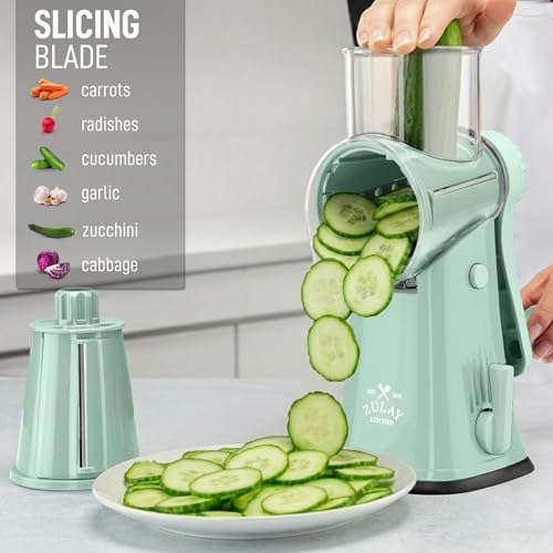 Image of Zulay Kitchen Rotary Cheese Grater 5 Blade Cheese Shredder - Manual Hand Crank Cheese Grater With Reinforced Suction & 5 Interchangeable Drums - Easy to Use, Vegetable Chopper Round Mandoline Slicer
