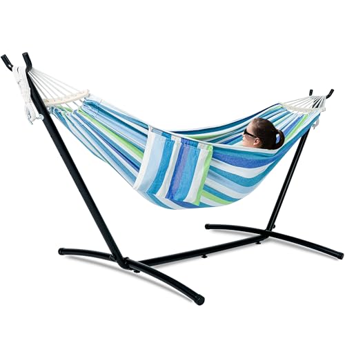 Image of GAFETE Double Hammocks with Stand for Outside, Max 600lbs, (Lagoon) | Upgraded Spreader Bar, 9FT Heavy Duty & Space Saving Stand, Easy Assemble, Convenient Side Pocket, Indoor & Outdoor, Patio