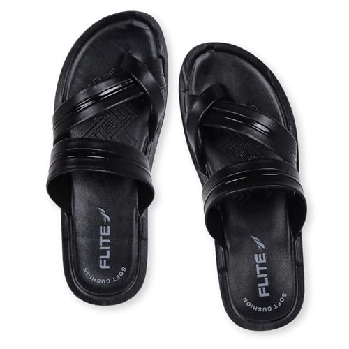 Image of FLITE PUG-176 Men's Slippers Black Tan | Lightweight EVA Sole Anti-Skid Flip Flops | Comfortable Casual Chappal for Men Indoor Outdoor