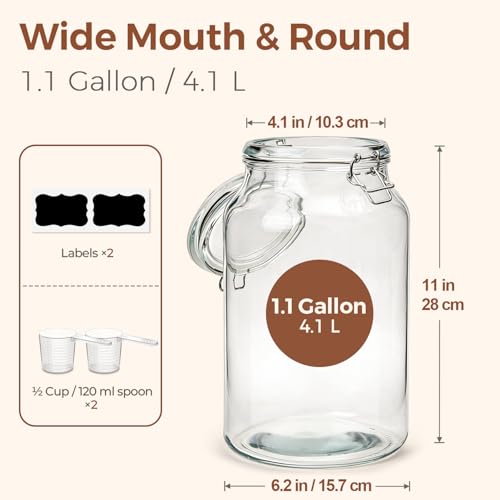 Image of ComSaf Large Glass Jars with Airtight Lids 1.1 Gallon 2 Pack Wide Mouth | BPA-free food-grade glass, wire clamp seal, wide mouth, 138 oz, bulk flour & sugar, rice, kimchi prep, large mason jar