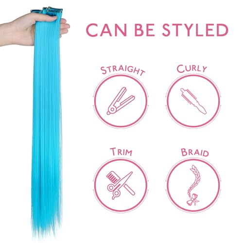 Image of WENNALIFE 12 PCS Sky Blue Hair Extensions Clip in, Colored Clip in Hair Extensions for Kids Highlights Rainbow Hair Clips for Girls Synthetic Straight Pop-up Style Colorful Girls Hair Accessories