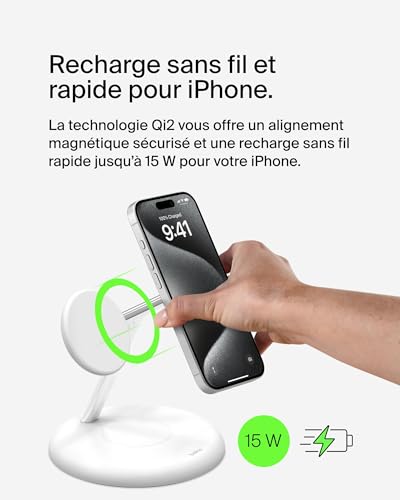 Belkin BoostCharge Pro Station de Recharge 3-en-1 avec Qi2, 15 W, MagSafe, pour l'iPhone 17, iPhone Air, 16, Pixelsnap, AirPods, Apple Watch, etc., Adaptateur Secteur Inclus - Blanc
