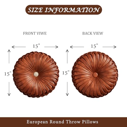 Image of EUCIOR Brown Round Leather Pillow,Circle Pillow,Handmade Round Throw Pillow,Smooth Faux Leather Decorative Pillows for Home Decor Bedroom Living Room Couch Bed,Diameter 15 inch