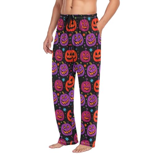 Men’s Halloween Purple Pumpkins Pajama Pants with Pockets, Comfortable Lounge Sleep Bottoms#6154