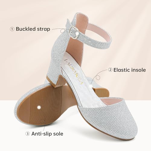 Image of LAURMOSA Girls Dress Shoes Closed Toe Pumps High Heels for Little Big Kid | Flower Shoes for Girls, 1.75-inch Chunky Heel, Ankle Strap, Closed Toe, Wedding, Party, Church, Graduation, First Communion