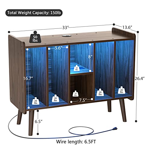Unikito Vintage Record Player Stand With Led Light And Power Outlet, Vinyl Record Storage Table With 6 Cabinet, Record Player Table With Vinyl Storage, Vinyl Record Display Cabinet For Bedroom, Walnut #TOP6