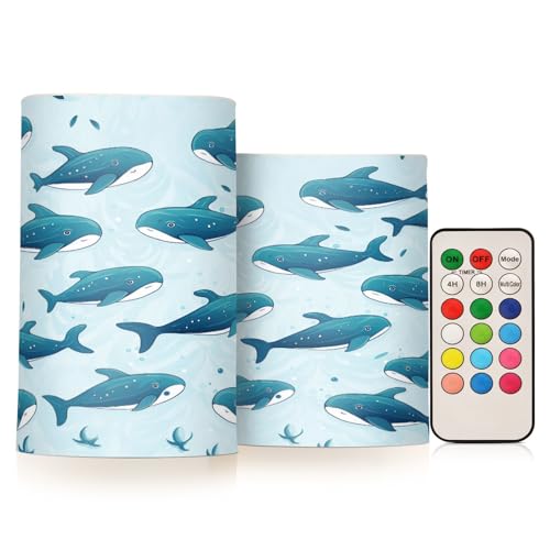 ALAZA Blue Whales Flickering Flameless Candles Battery Operated with Remote Timer,Tea Light Candles LED Pillar Votive Candles Set of 2 for Outdoor Indoor Decorations