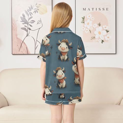 Satin Pajama Sets Short Sleeve Cow Pattern with Bandanas Button Down Silky Nightwear 2 Piece PJS 5Y,4