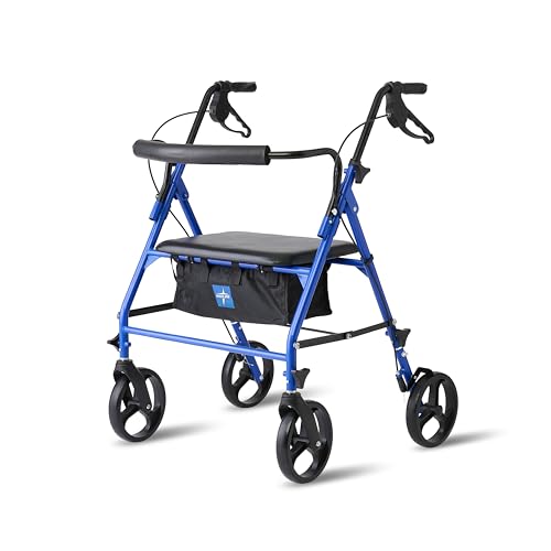 Image of Medline Large Steel Bariatric Rollator Walker with Adjustable Handles, Padded Seat & Backrest, Blue, 500 lb. Weight Capacity, Foldable, Under Seat Storage, 8" Wheels, for Seniors & Adults