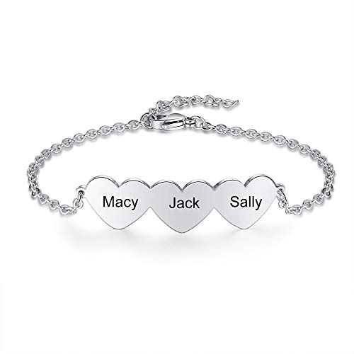 kaululu Personalized Name Bracelets for Women 3 Hearts Bracelet Women's Link Bracelets with Name Adjustable Girls' Bracelets Custom Engraved Bracelets for Mother Wife BFF Christmas Birthday Gift