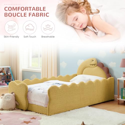 Image of Twin Size Kids Bed with Dinosaur Headboard, Upholstered Boucle Fabric Twin Daybed with Slats Support & Side Pocket, Space-Saving Wooden Corner Sofa Couch Day Bed Frame for Girl, Boy, Teenager(Yellow)