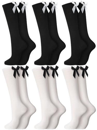 Image of Fourluoo 6 Pairs Women Ruffle Crew Socks with Bow Cute Retro Mid-calf Socks Breathable Cotton for Spring Summer Casual Daily