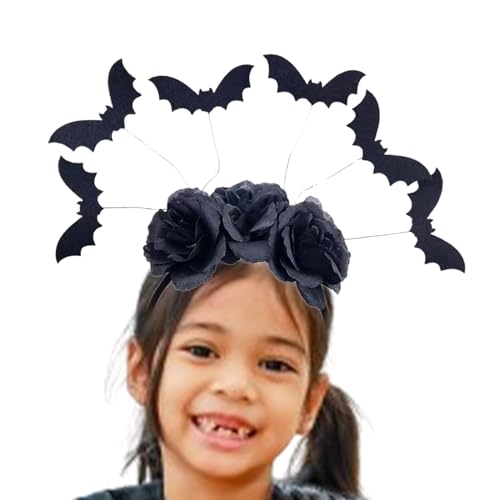 Nankoyal Diademas de Halloween para mujeres, diadema de Halloween, Diadema de murciélago y flor negra, Stage Props Diadema de Halloween con flores y murciélagos, accesorios para el cabello para niños