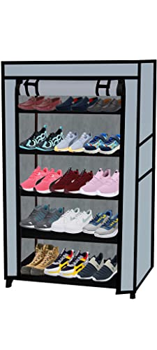 Image of Multi Utility 5 Layer Shelf Collapsible Metal Pipes with Non-Woven 100GSM Fabric Cover for Shoe /Cloth /Toy /Books Rack (Grey, Metal)