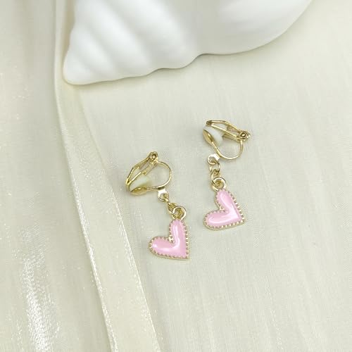 Heart Clip On Dangle Drop Earrings Tiny Pink White Women's Jewelry Accessories Gifts4
