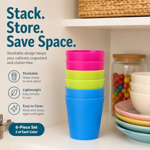 Image of 7 oz Reusable Plastic Drinking Tumblers, 6-Piece Kids Party Cup Set, Assorted Red Green Blue, Two of Each for Home Meals Picnics Outdoor Use