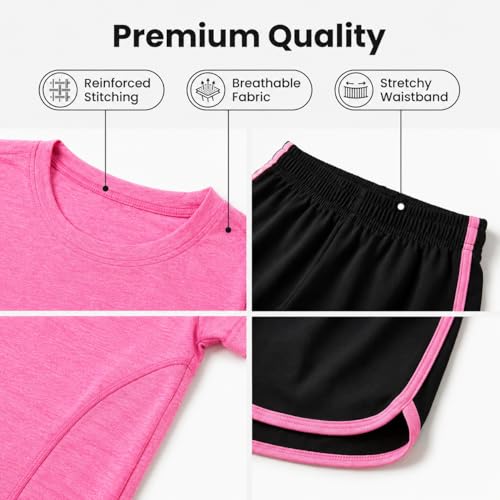 Image of Girls Short Sets with Athletic Shorts and Workout Tops Quick Dry Athletic Clothing Sets 6-13 Years