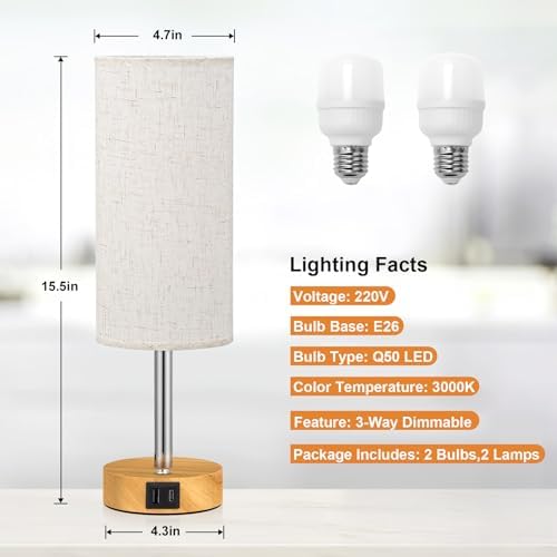 Aooshine Bedside Lamps Set of 2 Touch Table Lamps with USB-C USB-A Charging Ports, 3 Way Dimmable Bedside Lamp for Bedrooms, Small Touch Lamps for Living Room (Bulb Included)
