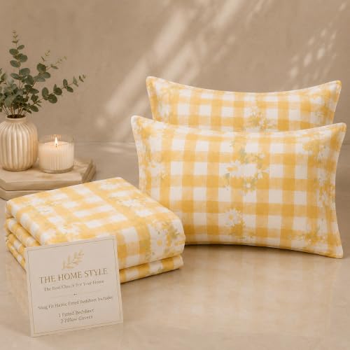Image of THE HOME STYLE Cotton Feel Glace Cotton Elastic Fitted Printed King Size Double Bed Bedsheet with 2 Pillow Cover Fits Upto 8 Inches Mattress (72 inchx78 inch, Daisy Sunshine Check)