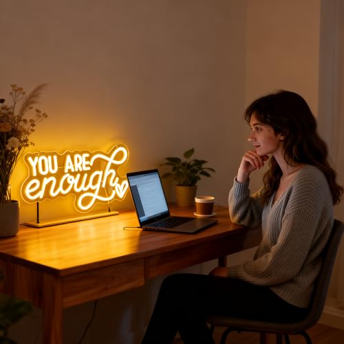 Image of You Are Enough Neon Sign, Self Love Neon Light with Floral Decor, Motivational Wall Art for Bedroom, Therapy Office Decor, Mental Health Awareness Gift, USB Dimmable (16.5 inchx8.3 inch)