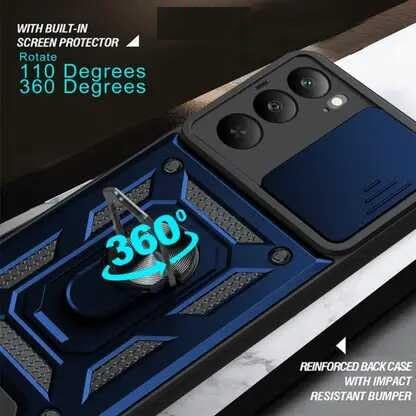 Image of SPAZY CASE Realme C73 5G Back Cover | Heavy Duty Hybrid Case with 360 Degree Rotating Finger Ring Holder + Slider Shutter Camera Protection Case for Realme C73 5G - Blue