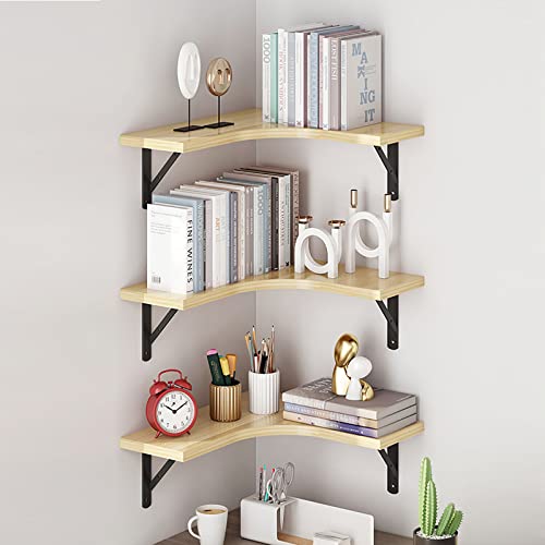 Estantería esquinera de madera rústica en forma de L con 3 niveles para dormitorio, sala de estar, baño y almacenamiento de cocina.