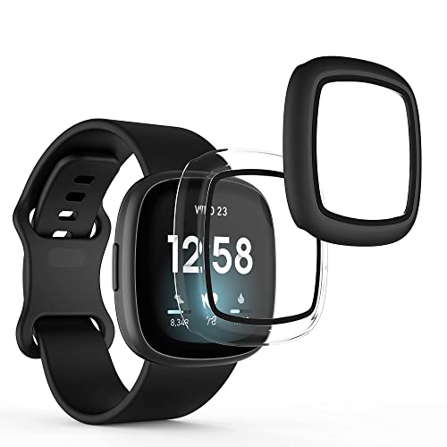 kwmobile Coque Compatible avec Fitbit Versa 3 / Sense Coque - 2X Étui Cadre écran en Verre trempé pour Fitness Tracker - Noir-Transparent