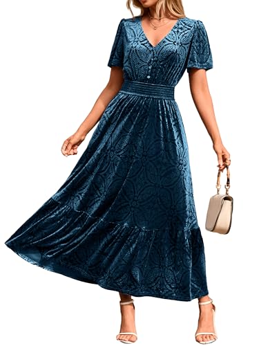 Simplee Womens Fall Velvet Dress Short Sleeve V Neck Floral Maxi Dress Long Formal Winter Wedding Guest Dresses