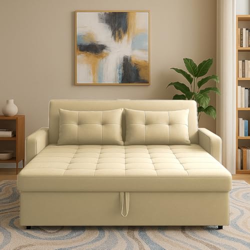 Image of Emilio 2-Seater Sofa Cum Bed for Living Room, Office & Home | Premium Fabric Pull-Out Sofa Set with 1 Year Warranty | Space Saving Convertible Sleeper Sofa | Cream Colour