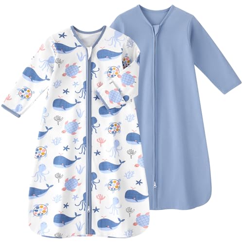 Image of FIEMOL Baby Sleep Sack 0-6 Months, Long Sleeve Baby Wearable Blanket 0.5 Tog with Mittens, 2-Way Zipper Newborn Cotton Sleeping Sack for Boy and Girl Blue Whale 2 Pack (Small)
