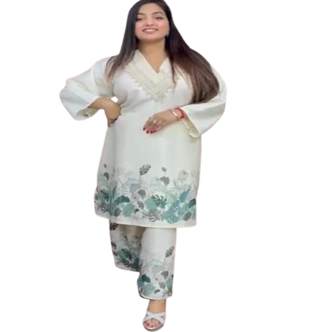 Women's Floral Print Cotton Kaftan Loungewear Set, V-Neck, Long Sleeves, Co-ord Set of Kurta and Palazzo-image-15