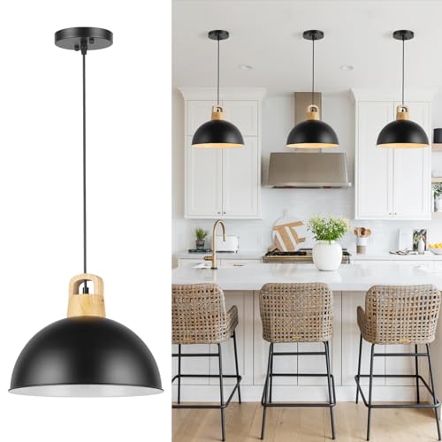 Karjearl LT15 Farmhouse Pendant Light Fixtures, 11.8 Inch Black Pendant Lights Kitchen Island, Dome Wood Hanging Lighting cover
