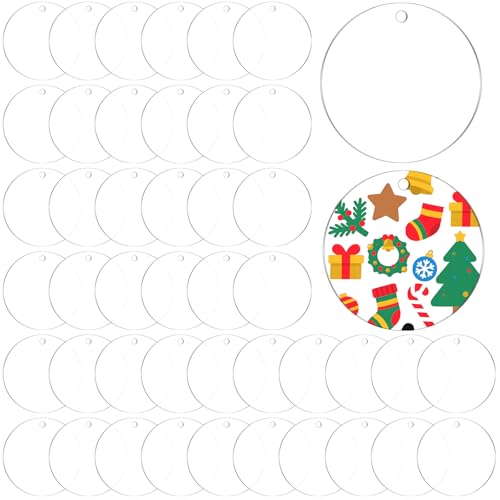 50 Pcs Acrylic Ornament Blanks 3 inch Clear Keychains Blanks Acrylic Round Discs Blank with Hole for Christmas Ornaments Decor Plastic Circles for Engraving Painting DIY Crafts