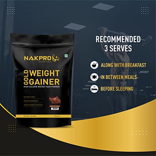 Image of NAKPRO GOLD WEIGHT GAINER | 12g Protein, 80g Carbs | Added Vitamins, Minerals & Digestive Enzymes | Easy Mixing, Easy Digesting Weight Gainer Powder for Men & Women | 3 Kg Double Rich Chocolate Flavour