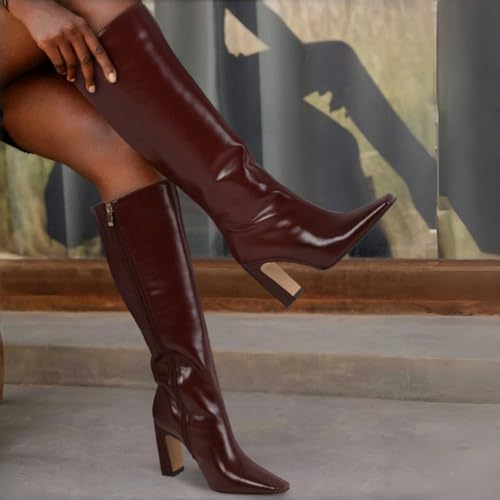Image of Lovee Cosee Knee High Boots for Women Square Toe Chunky Heeled Boots with Side Zipper Fashion Dress Elastic Tall Boots