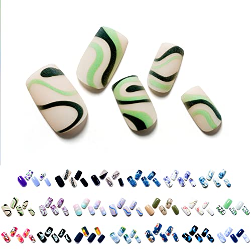 Press on Nails Short Square GLAMERMAID, Nude Stripes Acrylic Fake Nails with Green Swirls Design Stick Glue on Nails Reusable False Nail Tips Art Sets with 48Pcs Adhesive Tabs Nail File, Cuticle Stick