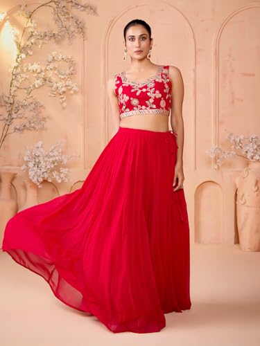 Image of madhuram textiles Women's Georgette Skirt And Crop Top With Long Koti Set For Solid With Embroidery Work Skirt Set(M-2515 Pink)