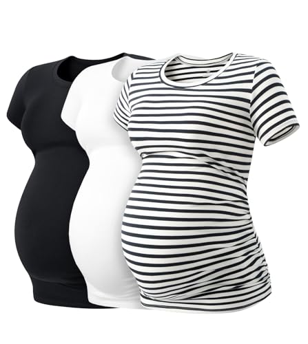 LAPASA Camiseta de Manga Corta para Premamá T-Shirt Embarazada Maternidad (Pack de 3) L55 S 1 Negro, 1 Raya Azul Marino, 1 Blanco