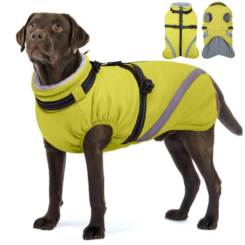 Image of BRKURLEG Dog Winter Jackets for Large Dogs, Dog Coat with Harness Built in, Dogs Snowsuits with Zipper, Waterproof Windproof Pet Puffer Jacket Fleece Vest for Labrador, Dalmatian, Green XXL