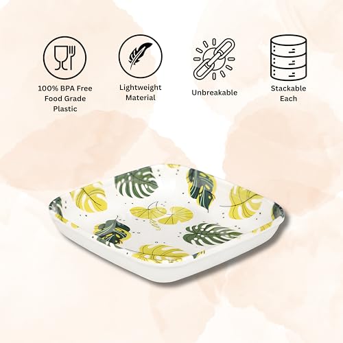 Image of SNKM - Melamine Quarter Snacks Plates | Leaf Printed Design | Set of 8 | Square | Unbreakable | Lightweight | for Snacks, Breakfast, Mughlai Lunch or Dinning | Yellow | Rectangular, Set of 8