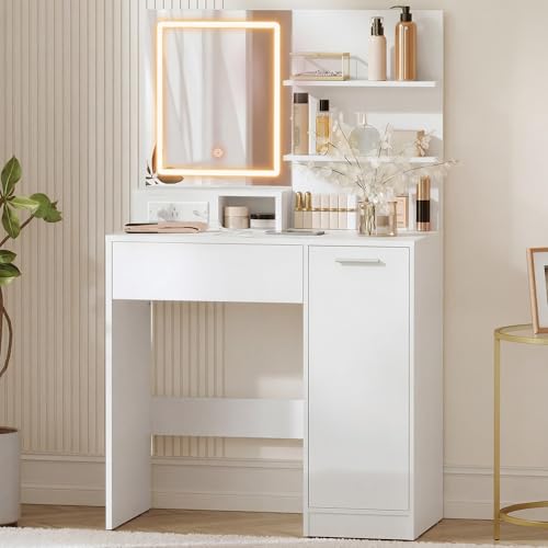 VASAGLE Dressing Table with LED Lights and Power Outlet Vanity Table with Mirror Adjustable Shelves 1 Drawer 2 Open Shelves Modern Makeup Desk White CUSTOS Collection RDT138W03